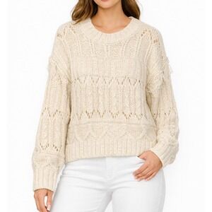 Women's Cream Knit Fringe Sweater Long Sleeve Size M Recycled Materials Eco Croc